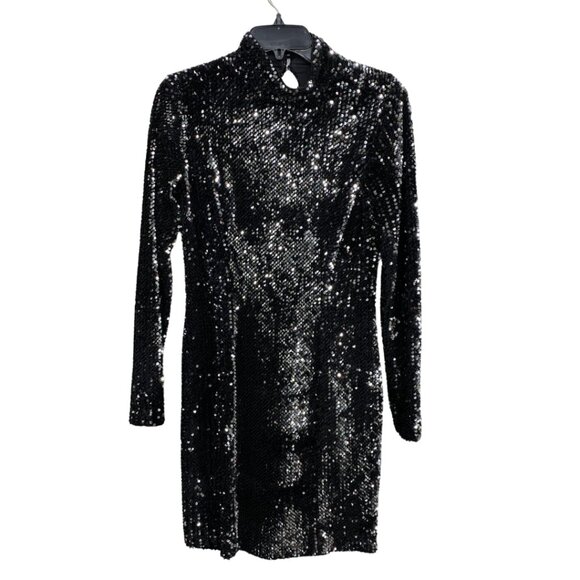 Millie Black Long Sleeved Sequin Turtleneck Mini Dress Womens Size 6 - Picture 2 of 6